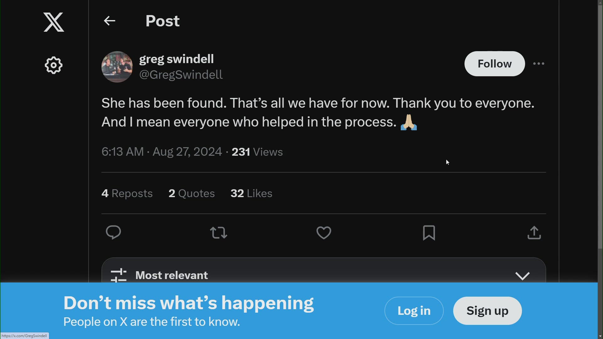 Greg Swindell posted to X that his daughter had been found.