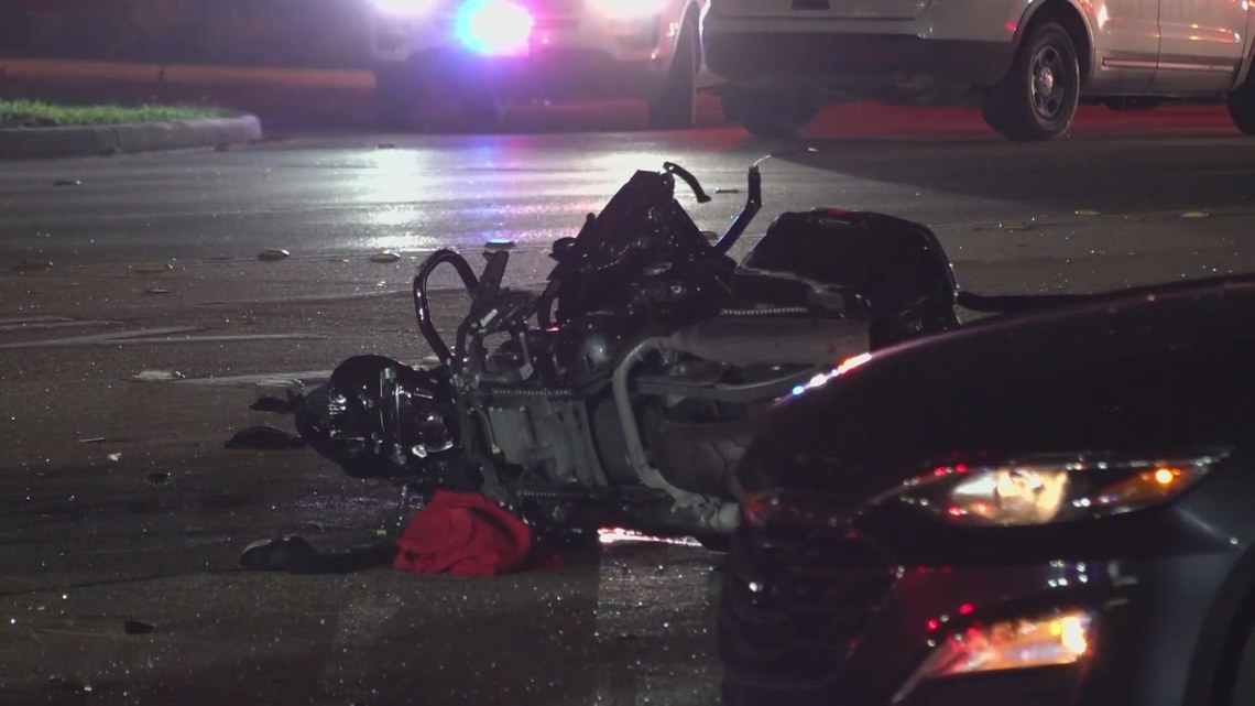 Woman killed, man hurt after car hits motorcycle, police say | khou.com