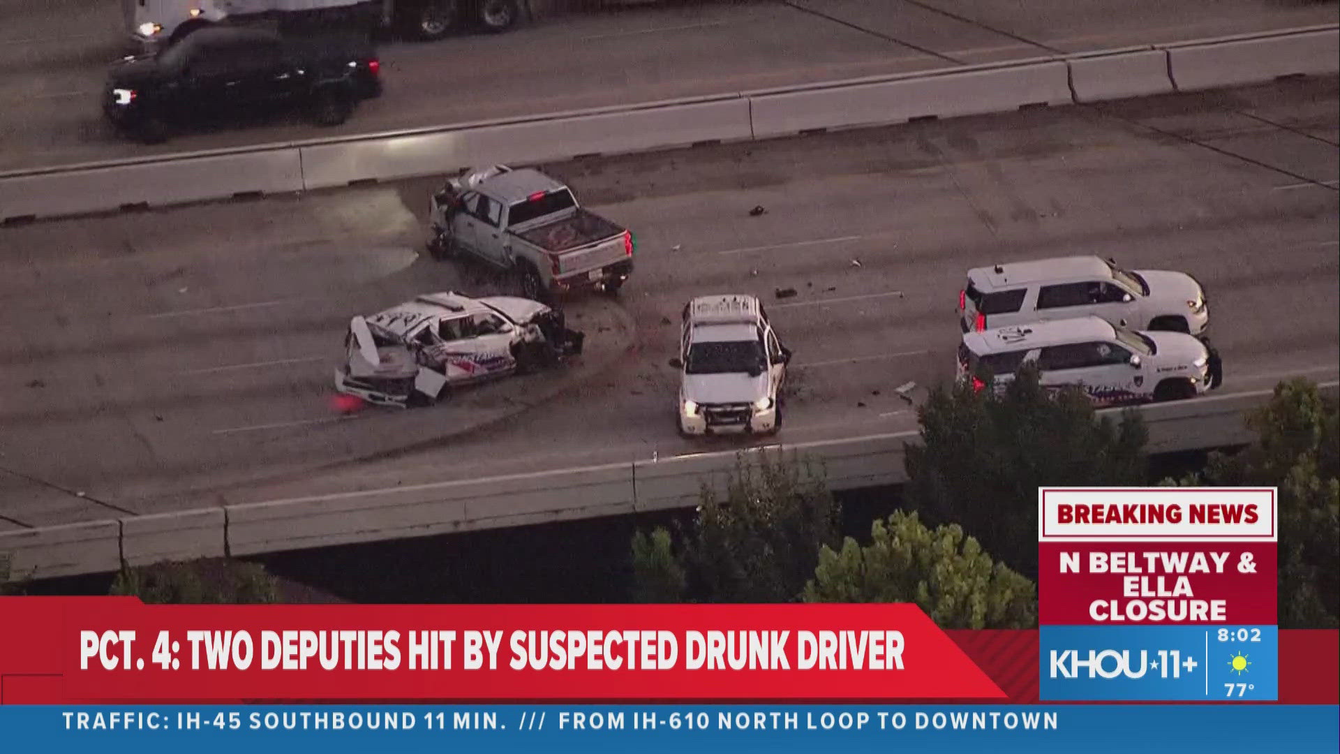 Two deputies were hit while on duty in a crash on Beltway 8 at Ella Blvd. Five people were hospitalized, including one flown by Life Flight.