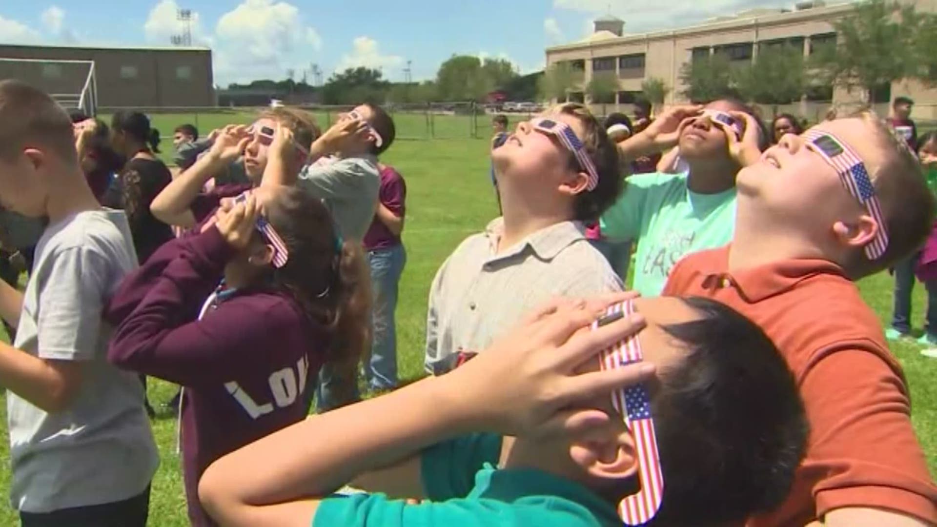 KHOU 11 Weather reporter Blake Mathews hung out with kids at Pearland Junior High East for the eclipse on Monday. 