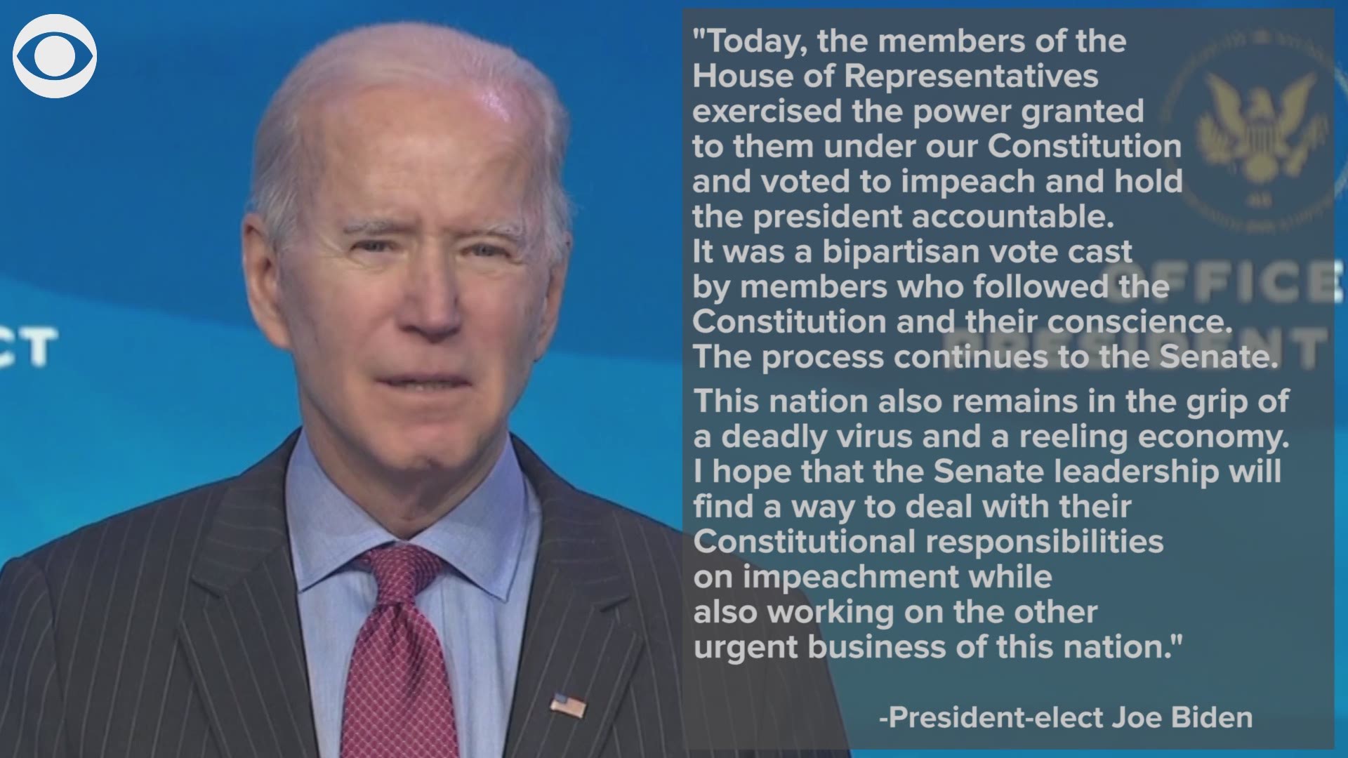 President-elect Joe Biden says he hopes the Senate will find a way to balance its duties when it comes to the impeachment of President Trump