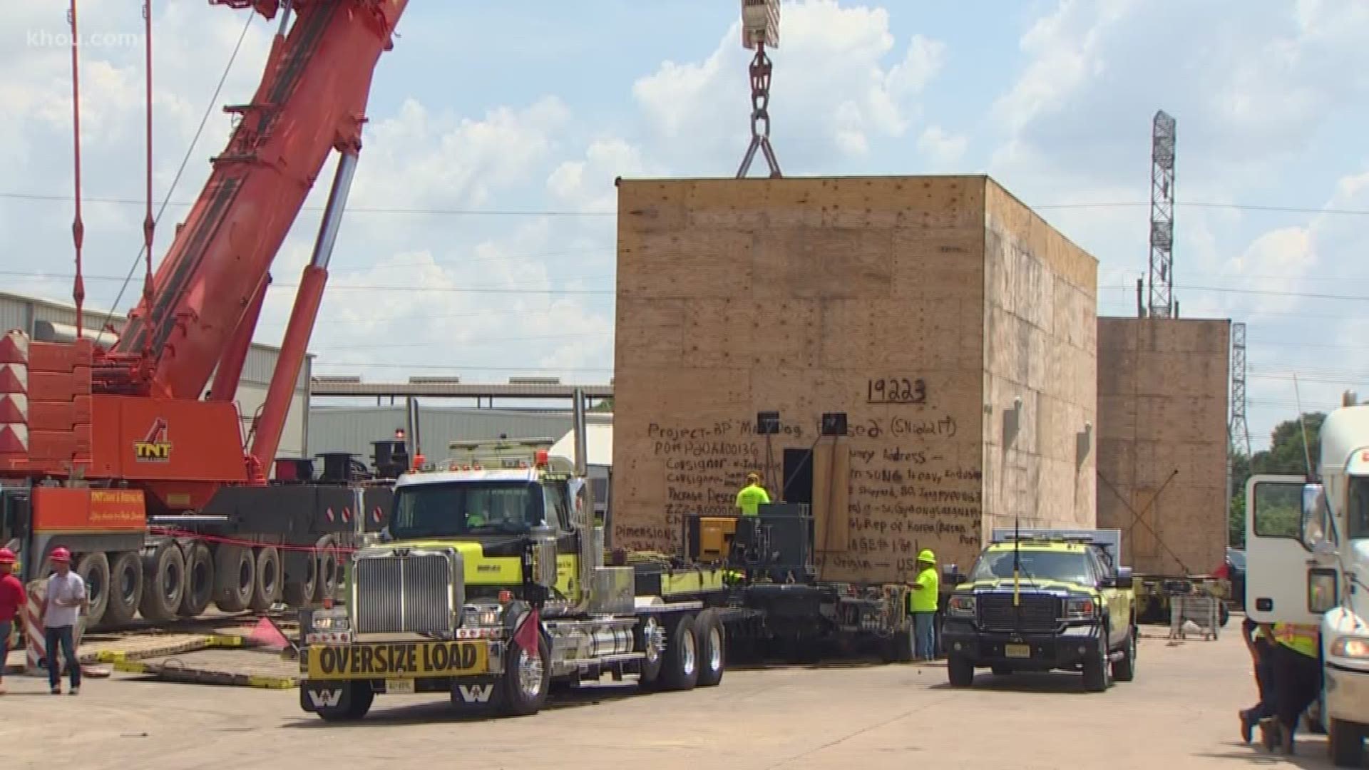 Two enormous wooden crates will be moved from Houston to Seabrook via Fort Bend and Brazoria counties.