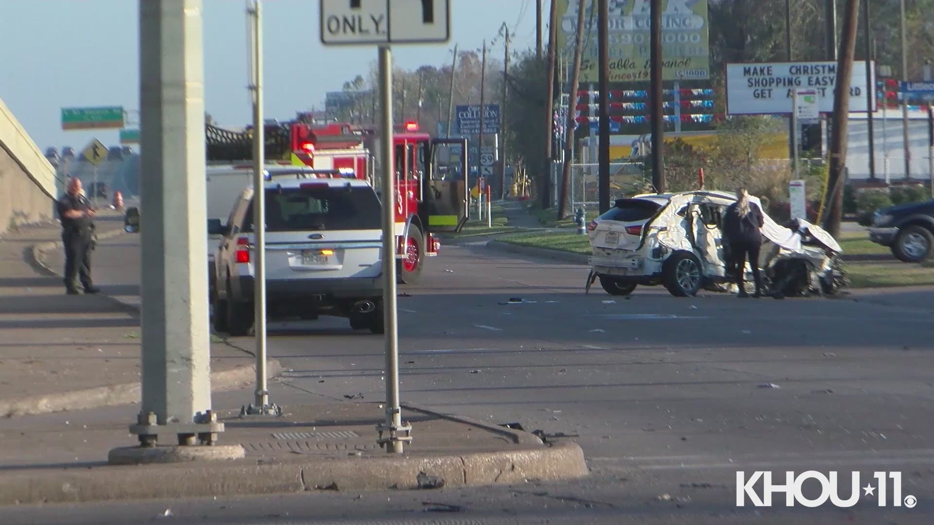 A woman was killed in a 2-vehicle crash on the Eastex Freeway feeder near Little York. The driver of the car involved fled the scene in another vehicle.
