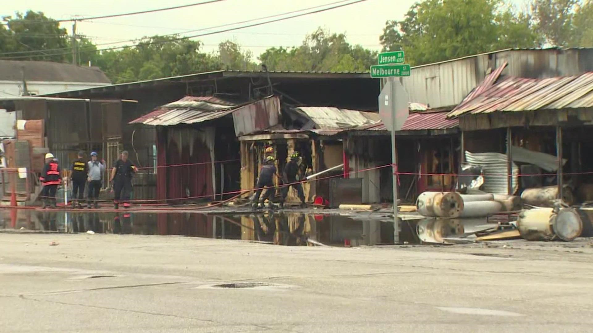 The fire started at Martin's Hardware & Lumber in north Houston around 5:30 a.m. and quickly escalated as lumber and propane tanks burned.