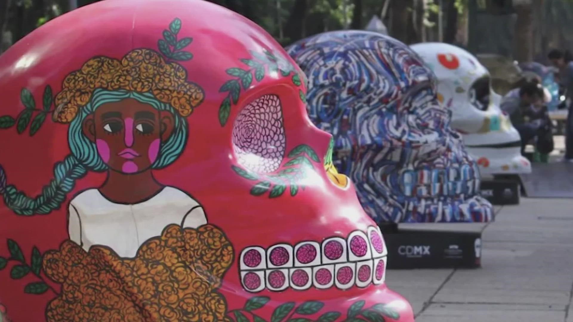 An eye-catching art display featuring skulls is now on display in Discovery Green to celebrate The Day of the Dead.