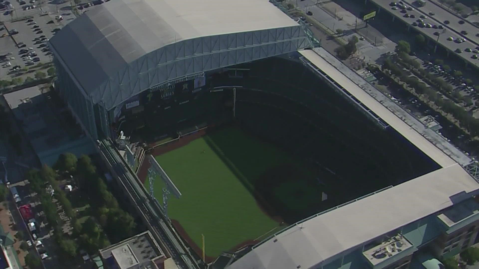Views from Air 11 showed the World Series signs up at Minute Maid Park Thursday morning ahead of Game 1 in Houston.