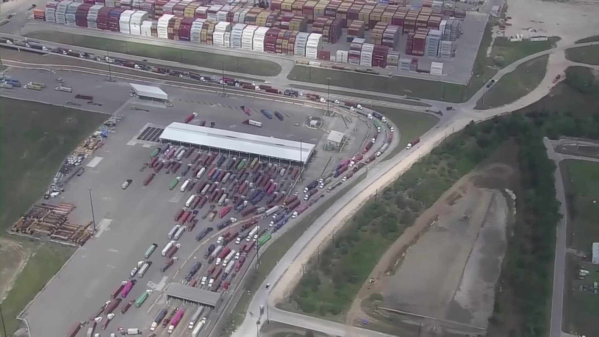 Big rigs lined up at the Port of Houston after dockworkers returned to the job after a three-day strike that halted operations from Brownsville to Boston.