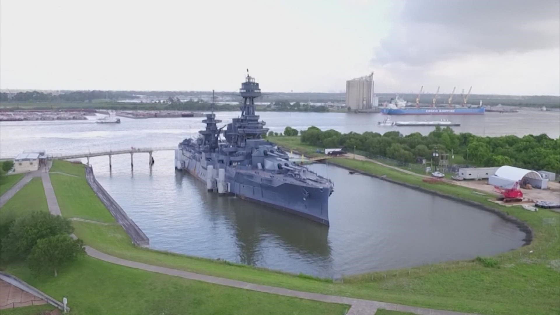 The historic Texas Battleship is docked at the San Jacinto Battleground Historic Site in La Porte and will finally get some much-needed repairs in Galveston.