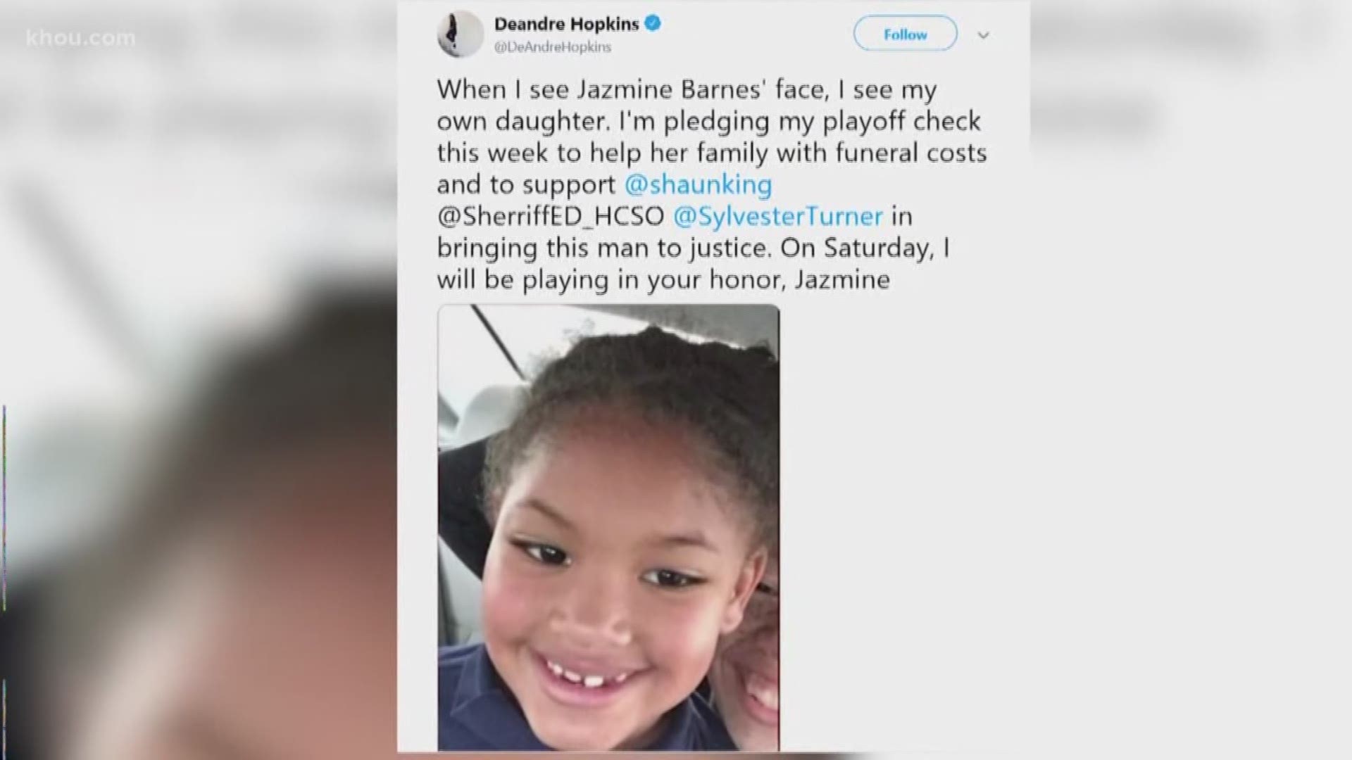 Houston Texans wide receiver DeAndre Hopkins says he will donate his football playoff check to the family of Jazmine Barnes.