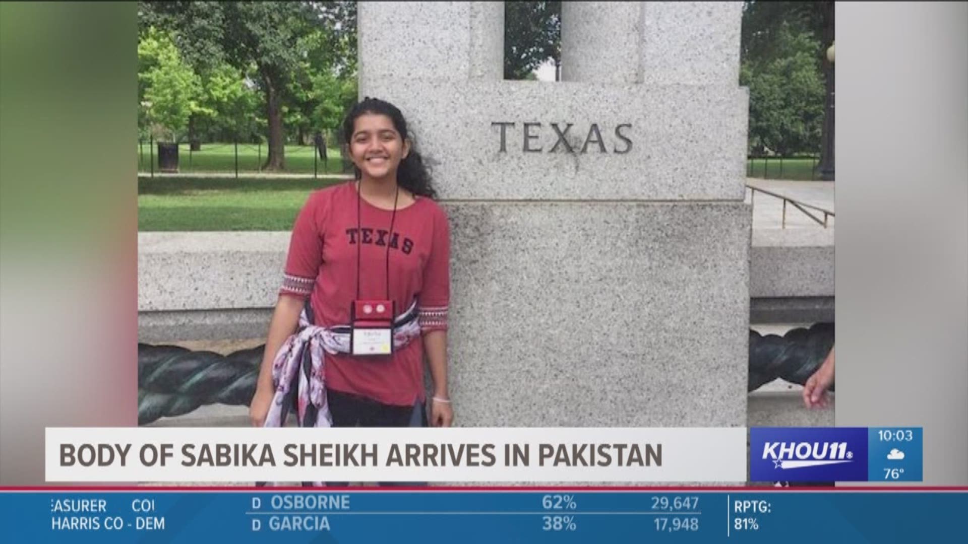 The body of a 17-year-old Pakistani exchange student Sabika Sheikh arrived in Karachi.
