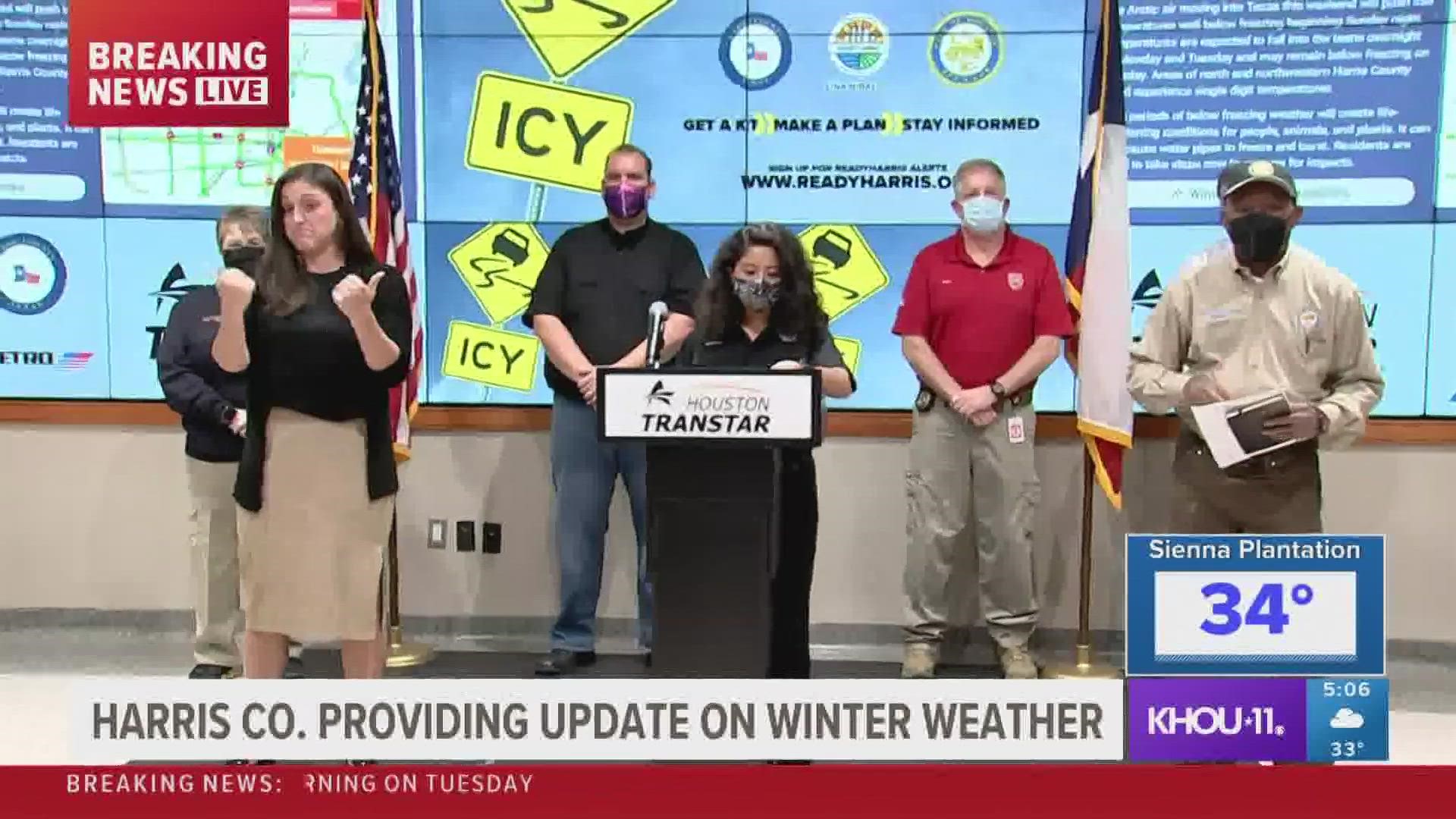 Harris County Judge Lina Hidalgo and Mayor Sylvester Turner and other weather officials provide updates on the winter weather in the Houston area.
