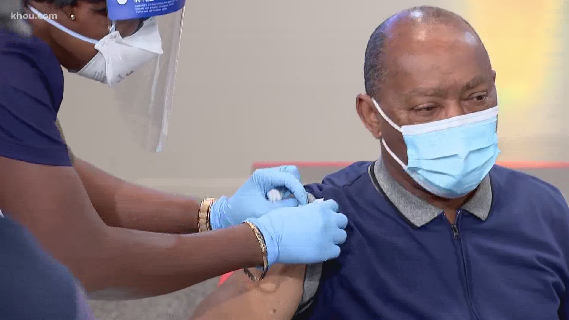 Houston Mayor Sylvester Turner gets his first dose of the Moderna COVID-19 vaccine on Monday, Jan. 4, 2021.