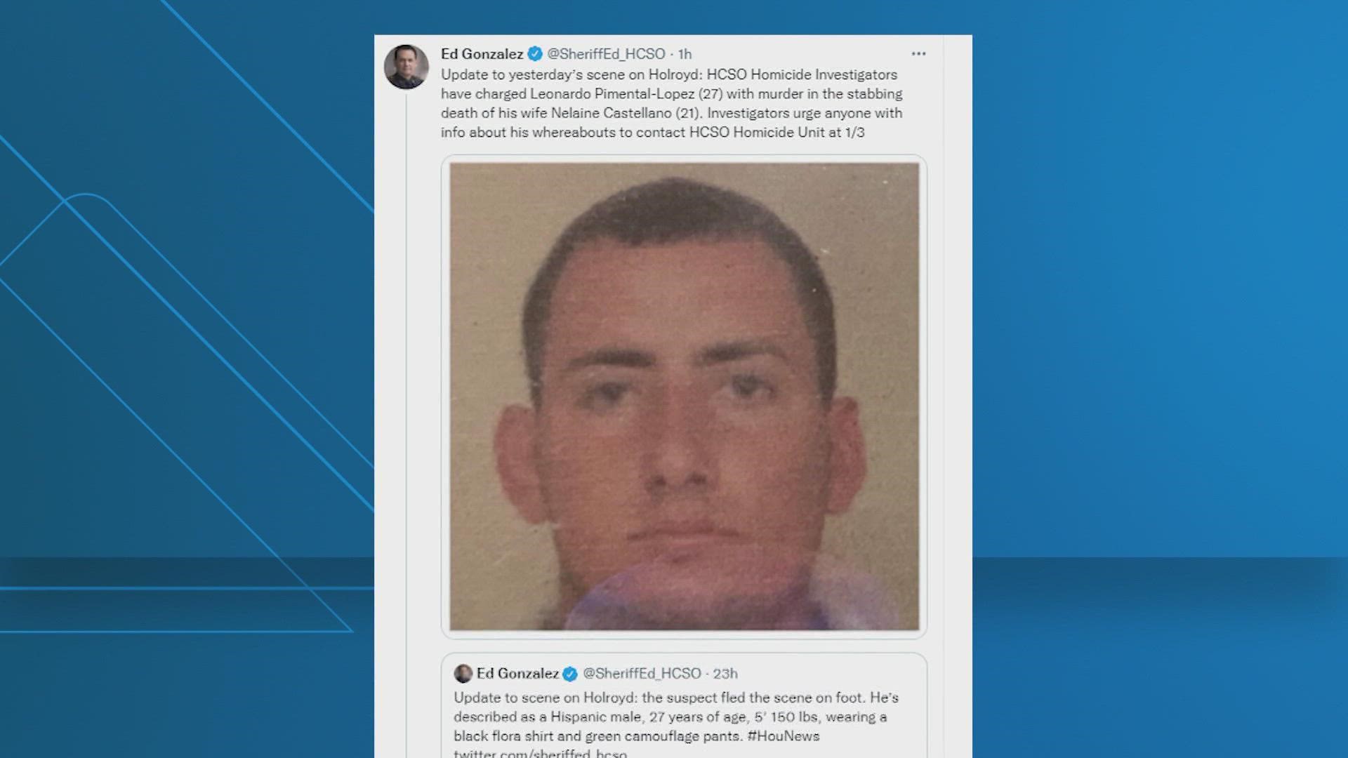 Deputies are looking for Leonardo Pimental-Lopez, 27, and have released his photo. His wife has been identified as 21-year-old Nelaine Castellano.