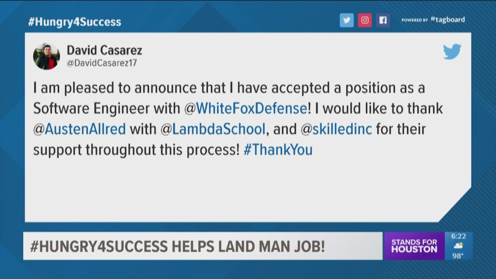 David Cesarez stood on a street corner in California with a sign that said "Homeless 4 Success, Take a Resume." Ceasarez now has a job as a software engineer with white Fox Defense. 