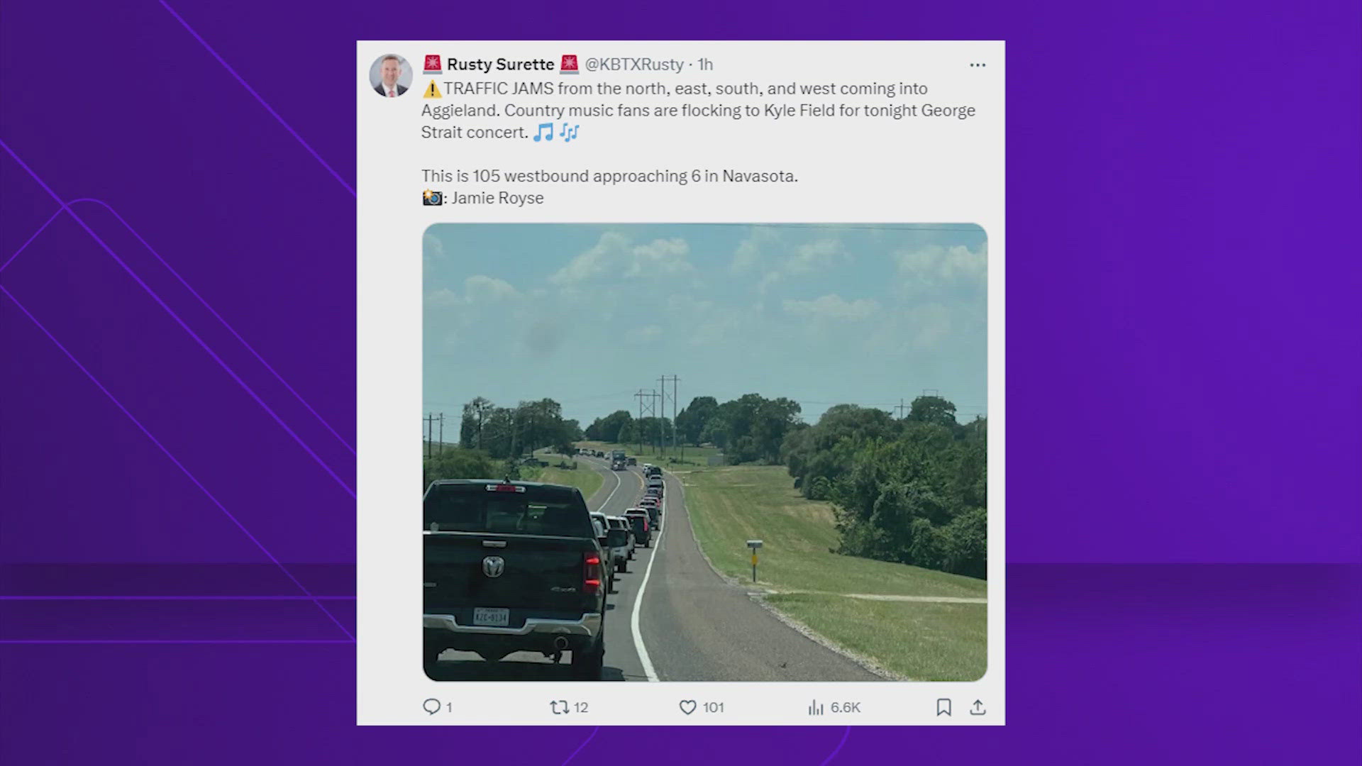 Photos posted to social media showed cars backed up on single-lane highways leading to College Station.