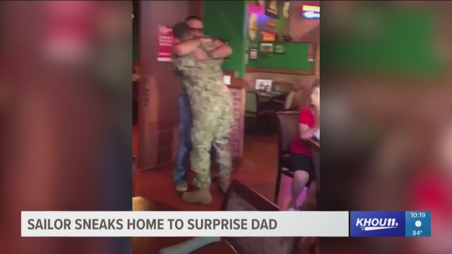 A sailor who just arrived home surprised his father at a restaurant in Richmond.