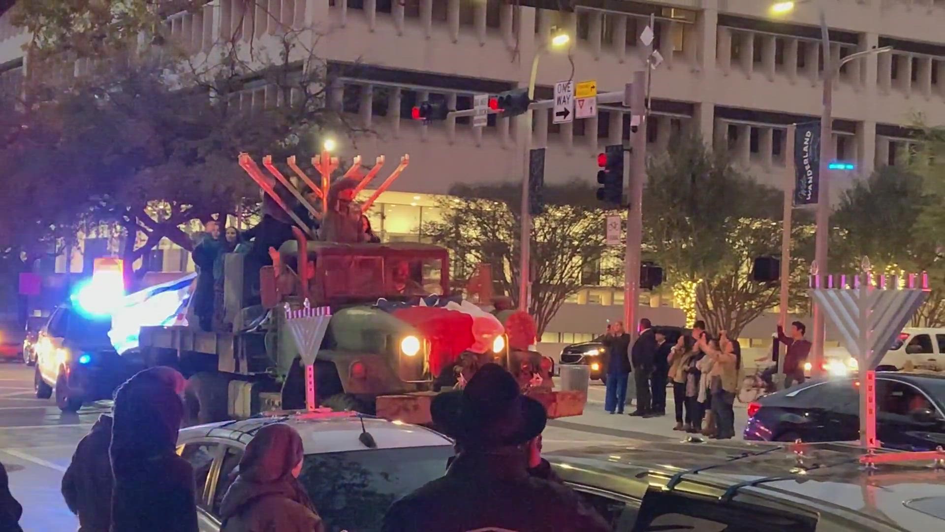 Video of the menorah parade arriving in downtown Houston on Sunday, Nov. 28, 2021.
Credit: Randy Klein