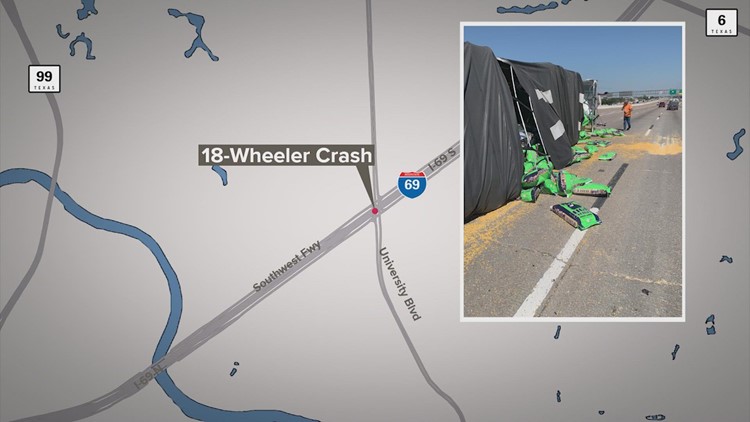 18-wheeler rollover crash causes traffic backup on Southwest Freeway in Sugar Land