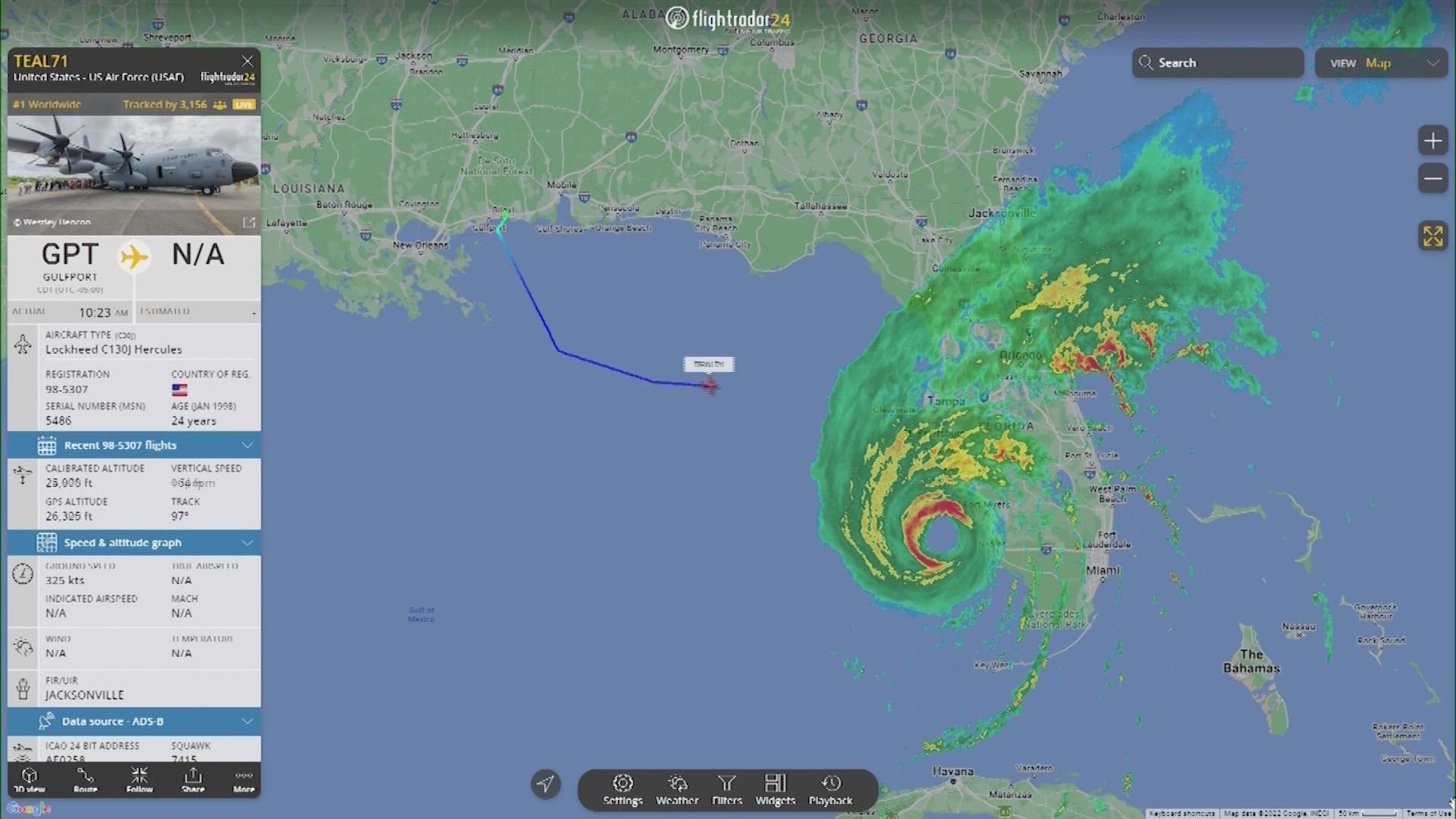 FlightAware shows the exact path Hurricane Hunter took into Hurricane Ian on Wednesday, September 28. Meteorologist Chita Craft flew onboard this plane.