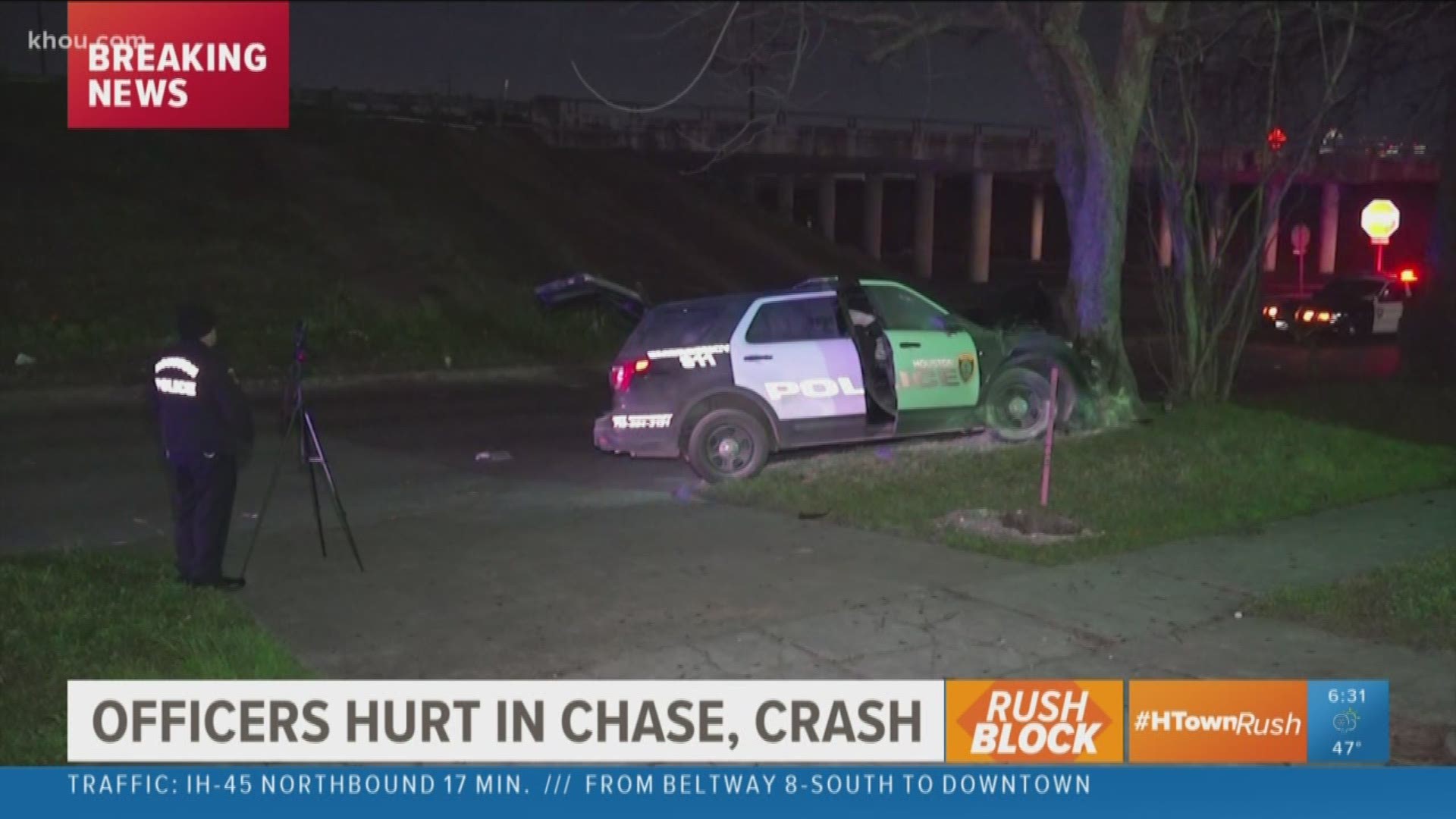 Two Houston police officers were taken to the hospital after an hour-long pursuit in the Third Ward area overnight.