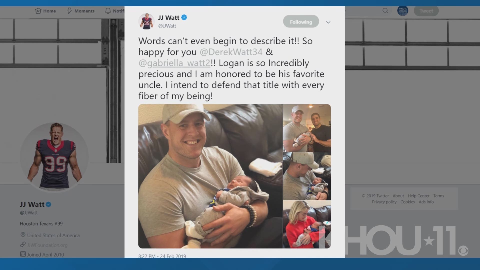 Houston Texans star J.J. Watt is now a proud uncle, and the photos on Twitter are too precious.