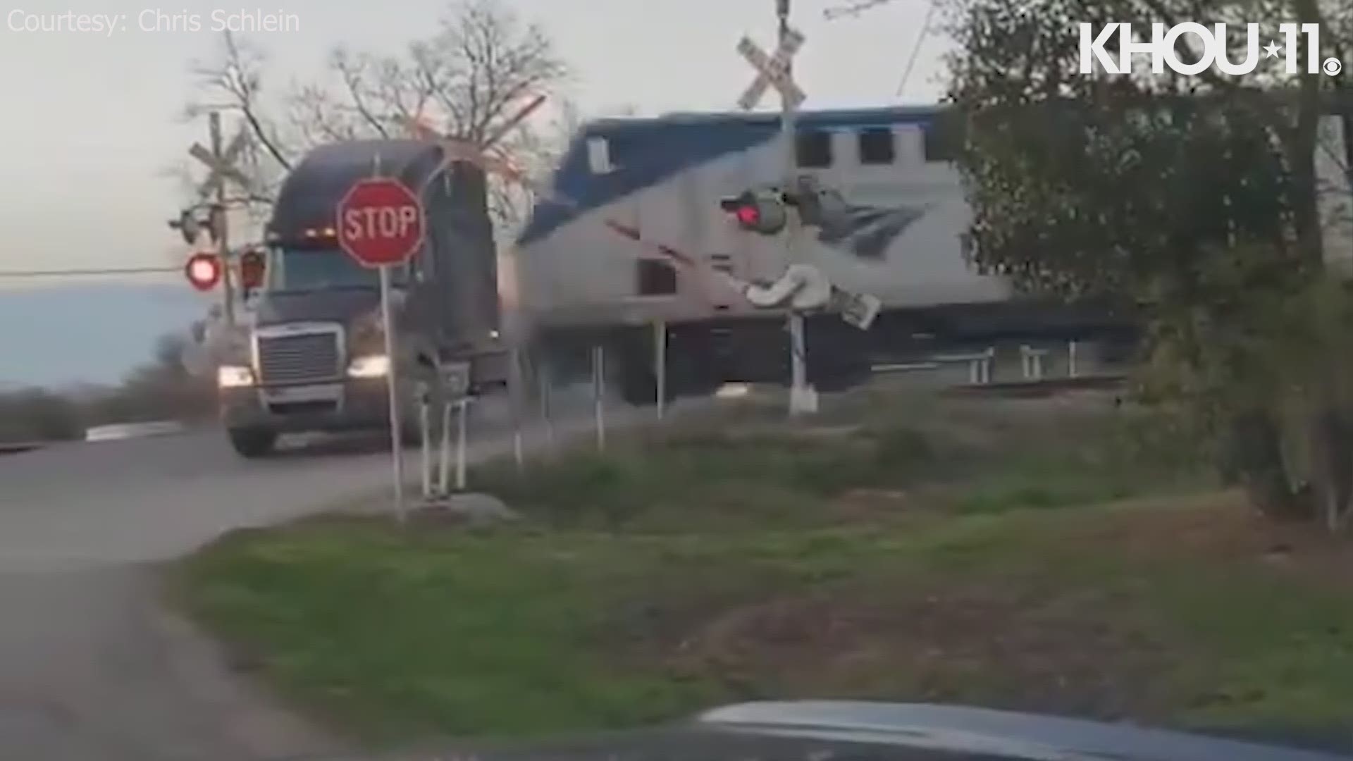 A train struck a tractor-trailer that was stuck on the tracks in Cibolo, Texas, Tuesday morning. No injuries were reported, although there were 116 people on board.