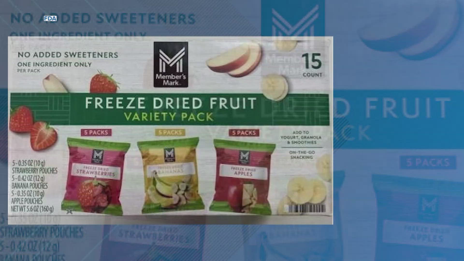 Member’s Mark freeze dried fruit variety packs sold at Sam’s Club stores nationwide are being recalled due to possible listeria contamination. No illnesses so far.