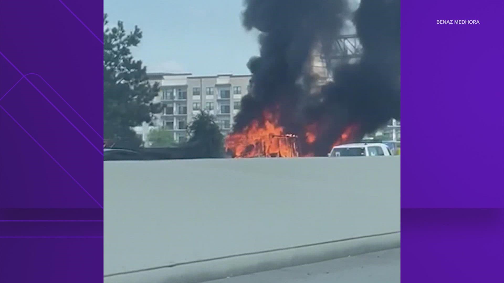 A vehicle on fire shut down several lanes of the I-10/Katy Freeway near Washington. No injuries were reported.