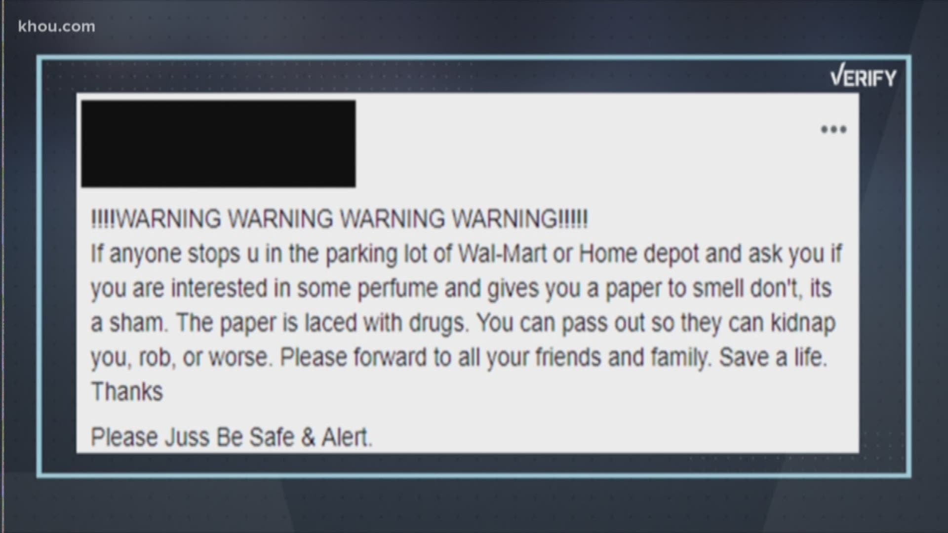 A scary sounding warning has been making the rounds on Facebook. Have you seen this one? It claims that criminals are hanging out in Walmart and Home Depot parking lots pretending to sell perfume. However, the paper tester they want you to sniff is laced