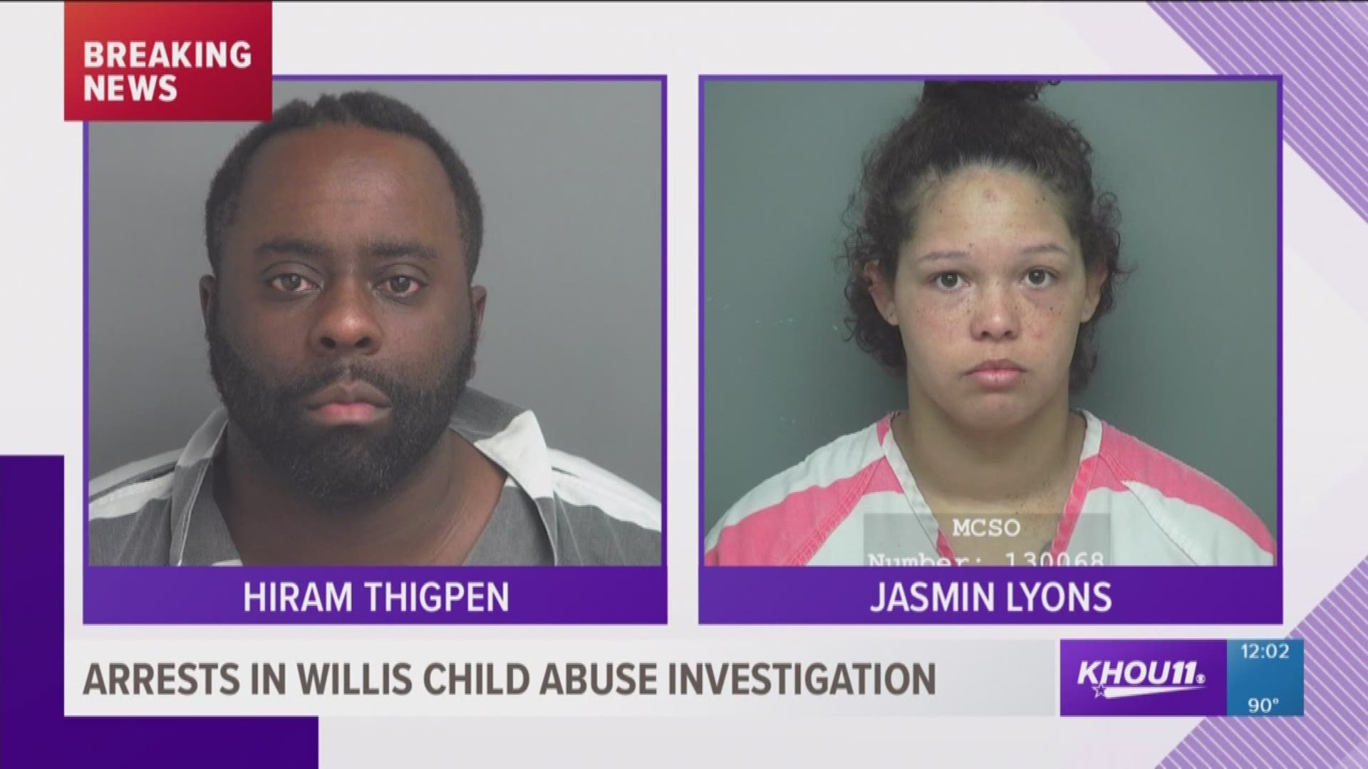 The Montgomery County District Attorney's Office said Hiram Thigpen was arrested on June 12 for the felony offense of injury to a child, a third-degree felony. Jasmin Lyons was also arrested on June 12 for the felony offense of Injury to a disabled child,