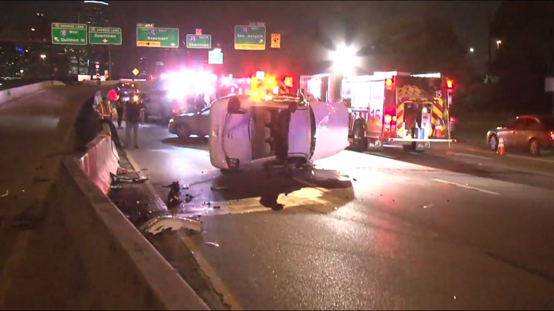 Woman rescued from flipped car on I-45 near downtown | khou.com