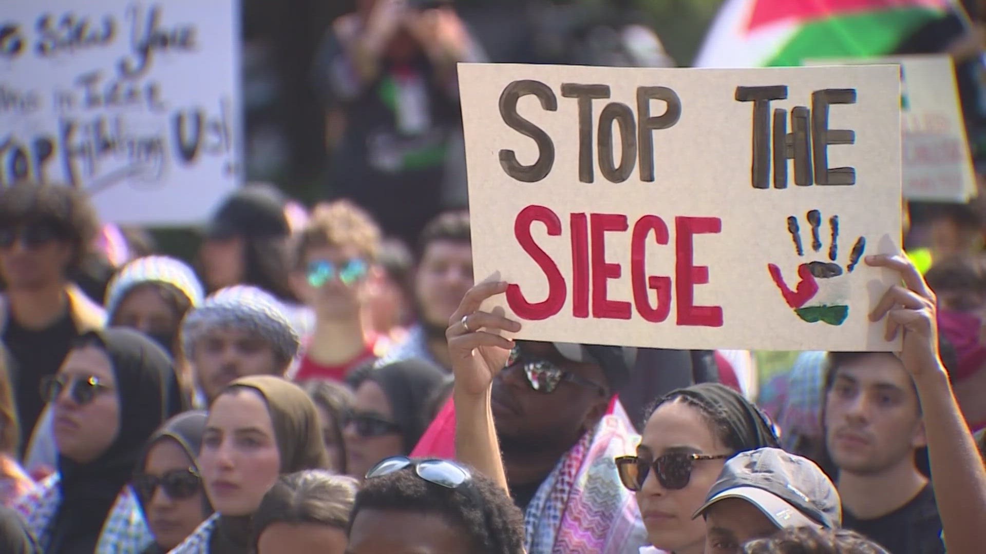 Supporters rallied for Palestine in downtown Houston outside city hall Saturday afternoon.