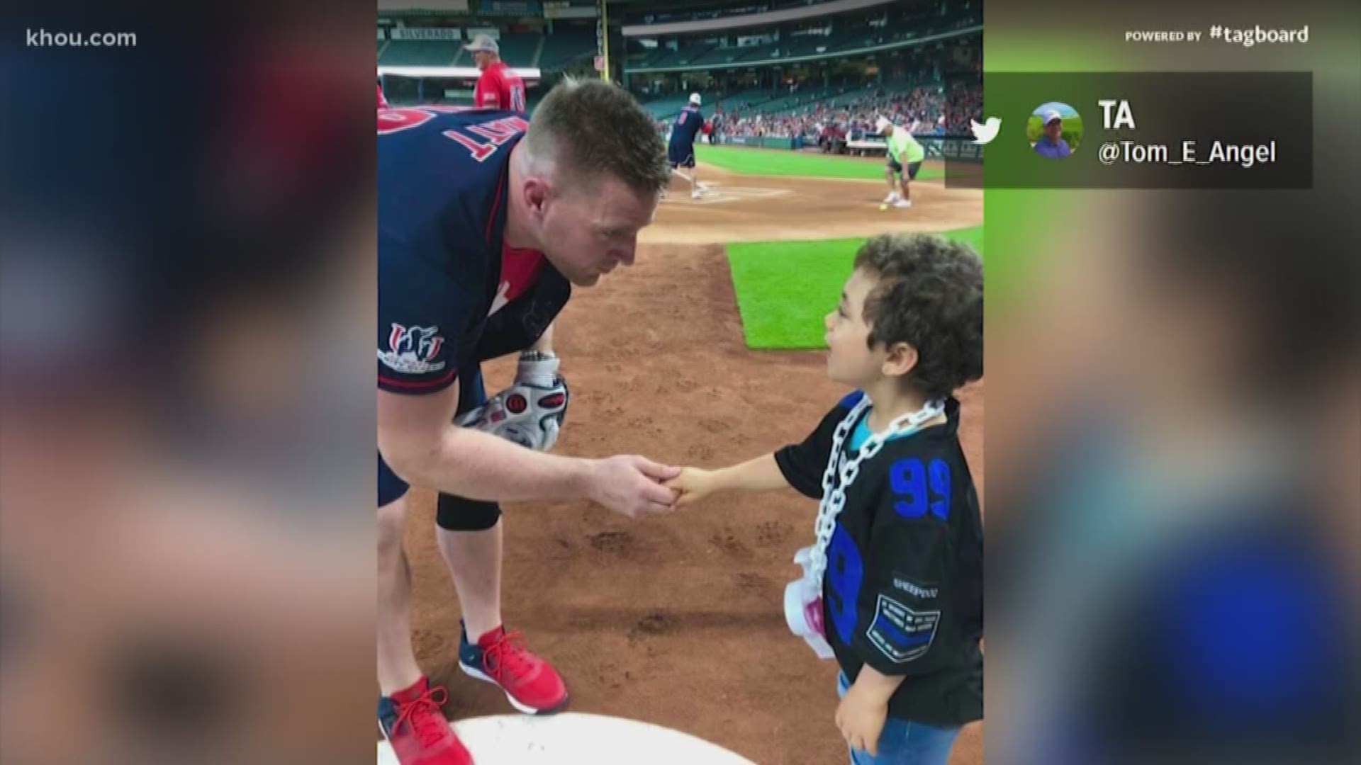 In a heartwarming meeting, JJ Watt shook hands with honorary Freeport police officer Abigail at his charity softball game over the weekend. Abigail is battling cancer.