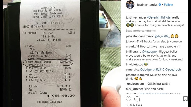 Justin Verlander's viral, '$1M' lunch bill comped by hotel