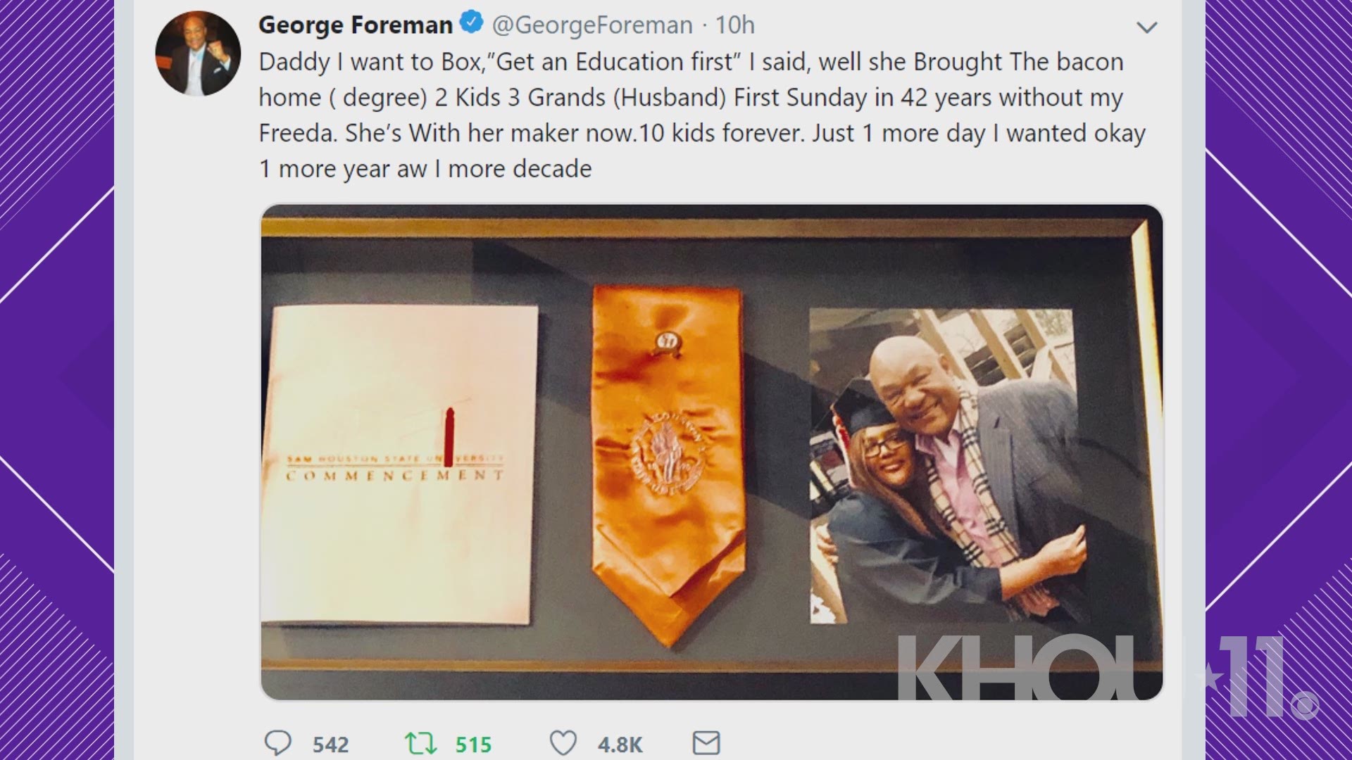 The world champion boxer tweeted a photo of Freeda's graduation day at Sam Houston State University with a touching caption.
