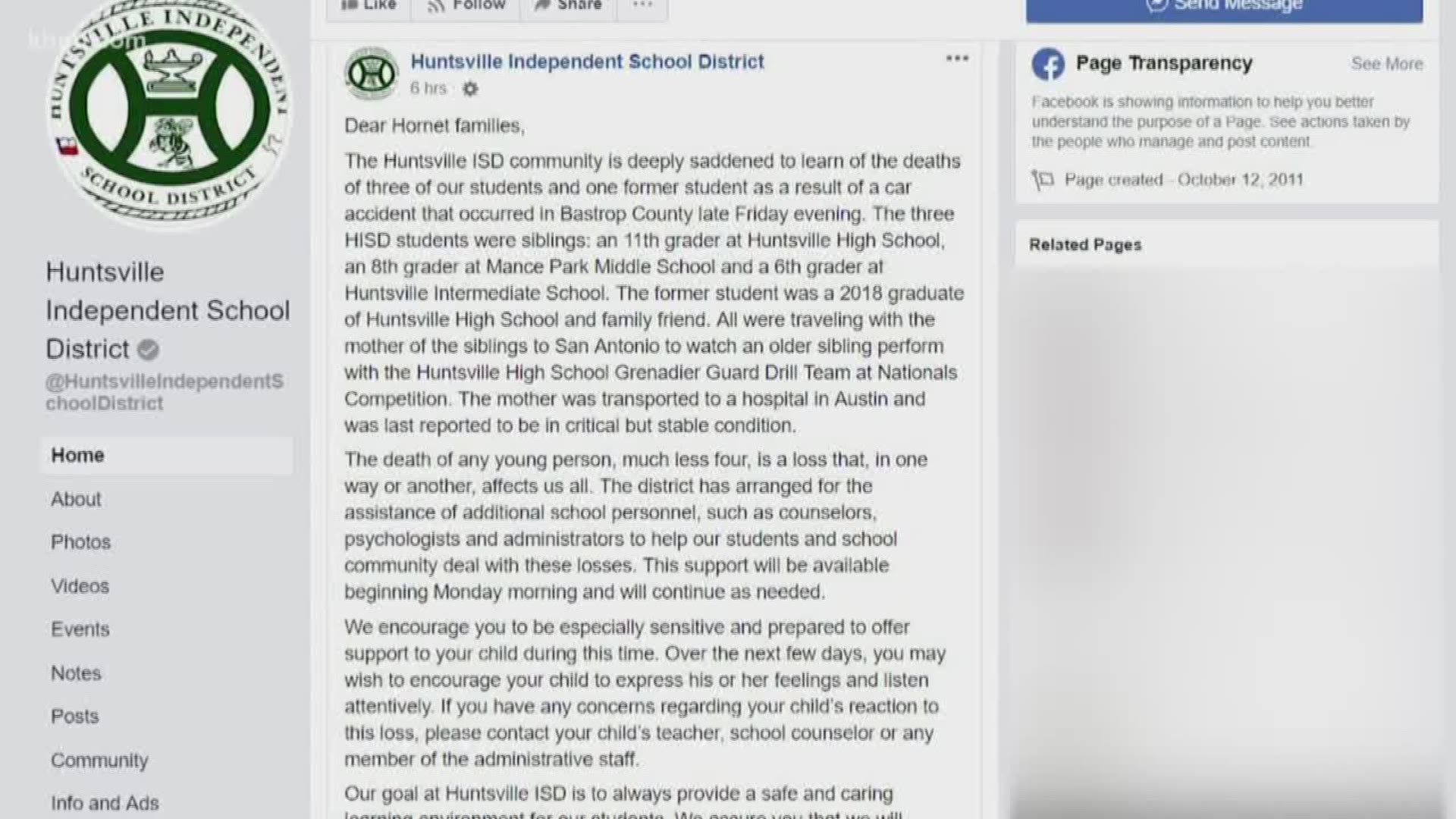 Three Huntsville ISD students and one former student were killed in a car accident in Bastrop County late Friday evening, according to the district.