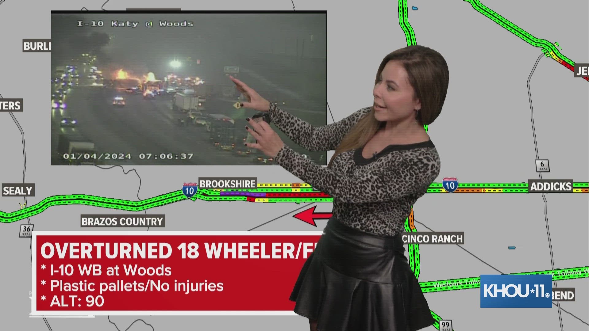 The Katy Freeway is shut down near Brookshire due to an overturned 18-wheeler engulfed in flames Thursday morning, according to Houston Transtar.