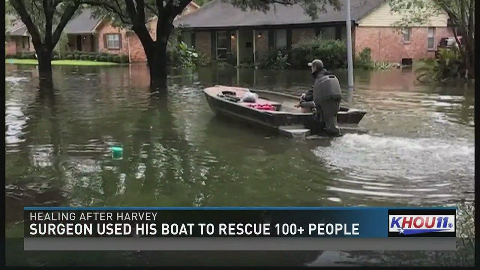 After he saved more than 100 people using a fishing boat in floodwaters during Hurricane Harvey, one Houston surgeon had to be rescued after his boat his a fire hydrant.