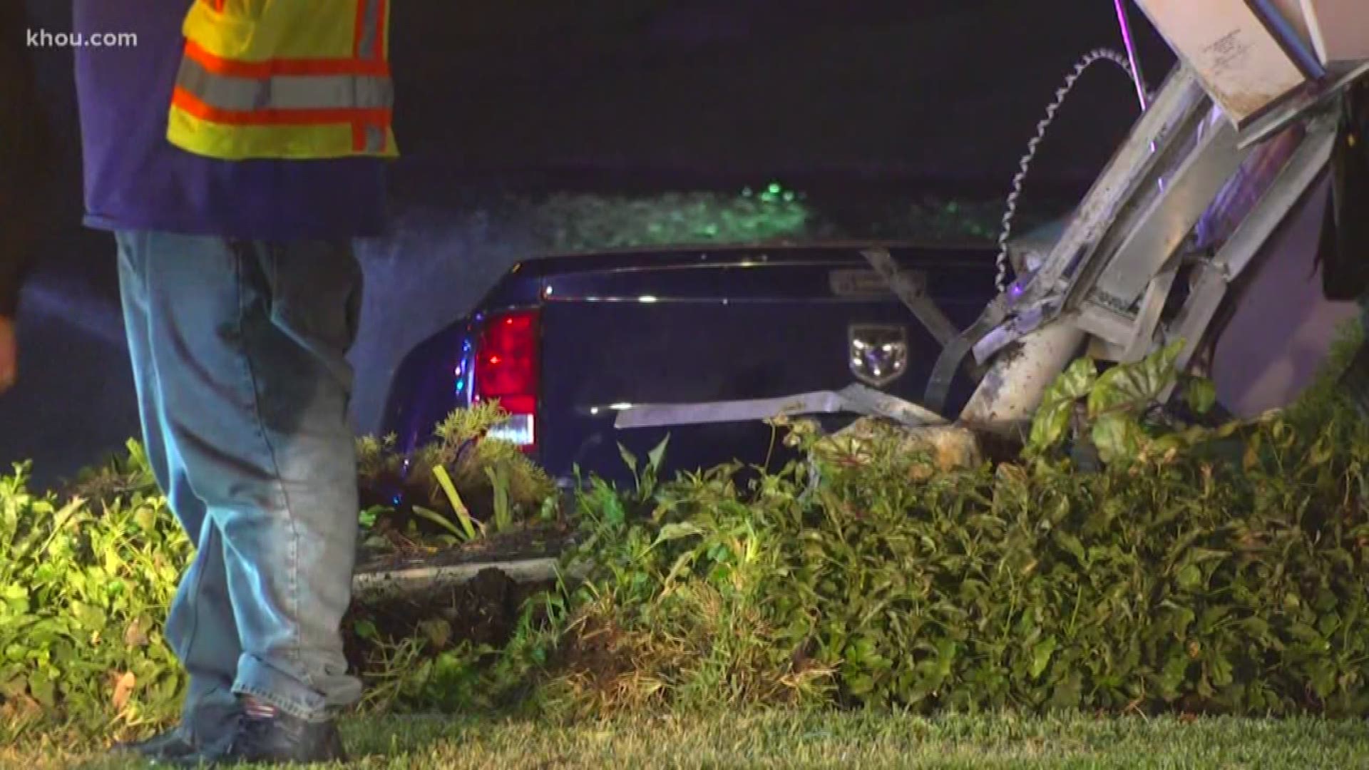 A suspect in a stolen dually pickup eventually crashed it into a retention pond at the end of a high-speed chase, Houston police said Thursday.