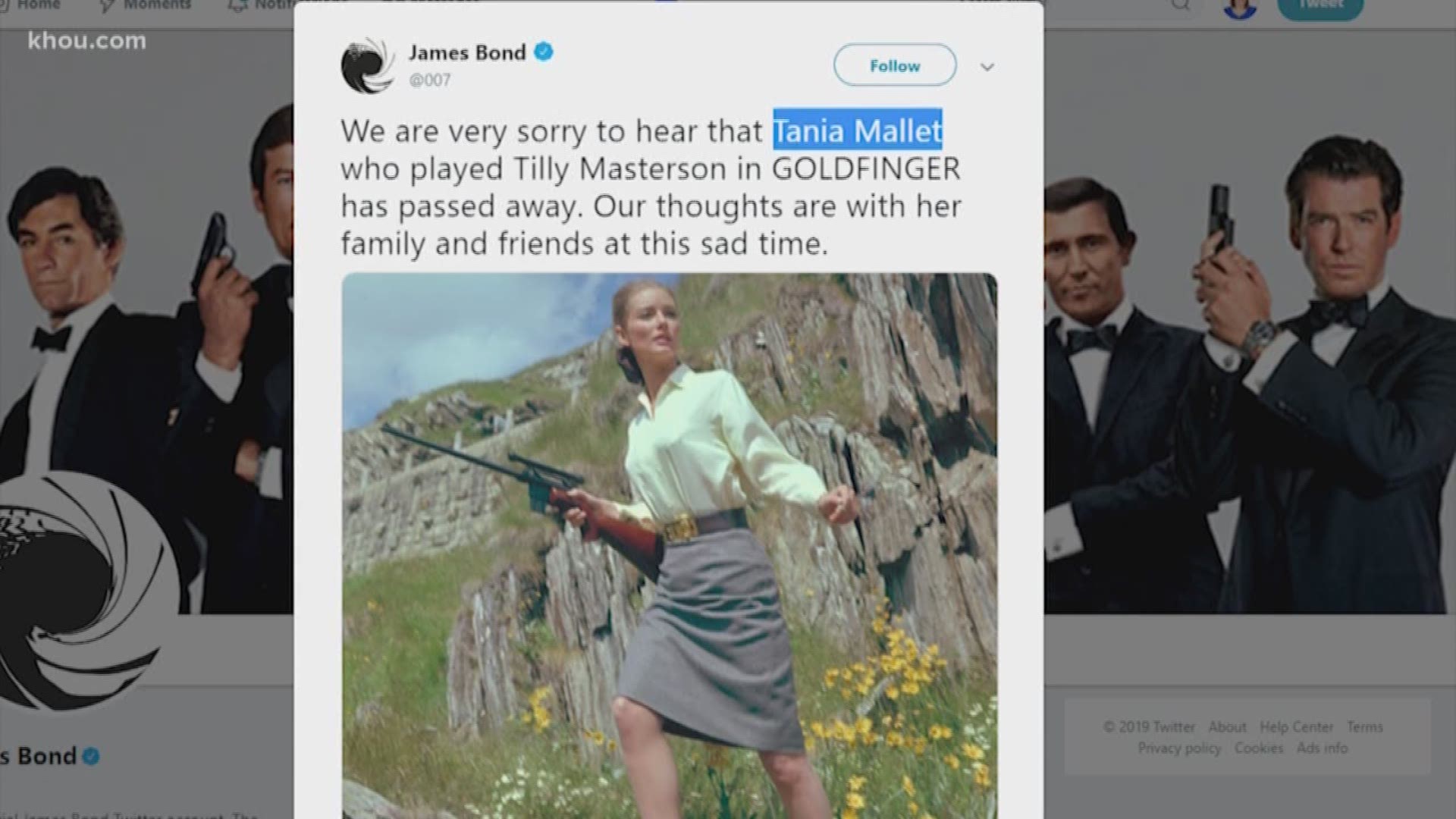 Tania Mallet, known for her role as Bond Girl in "Goldfinger" has died. The James Bond account on Twitter said they were sorry to hear of her death and their prayers are with her family.