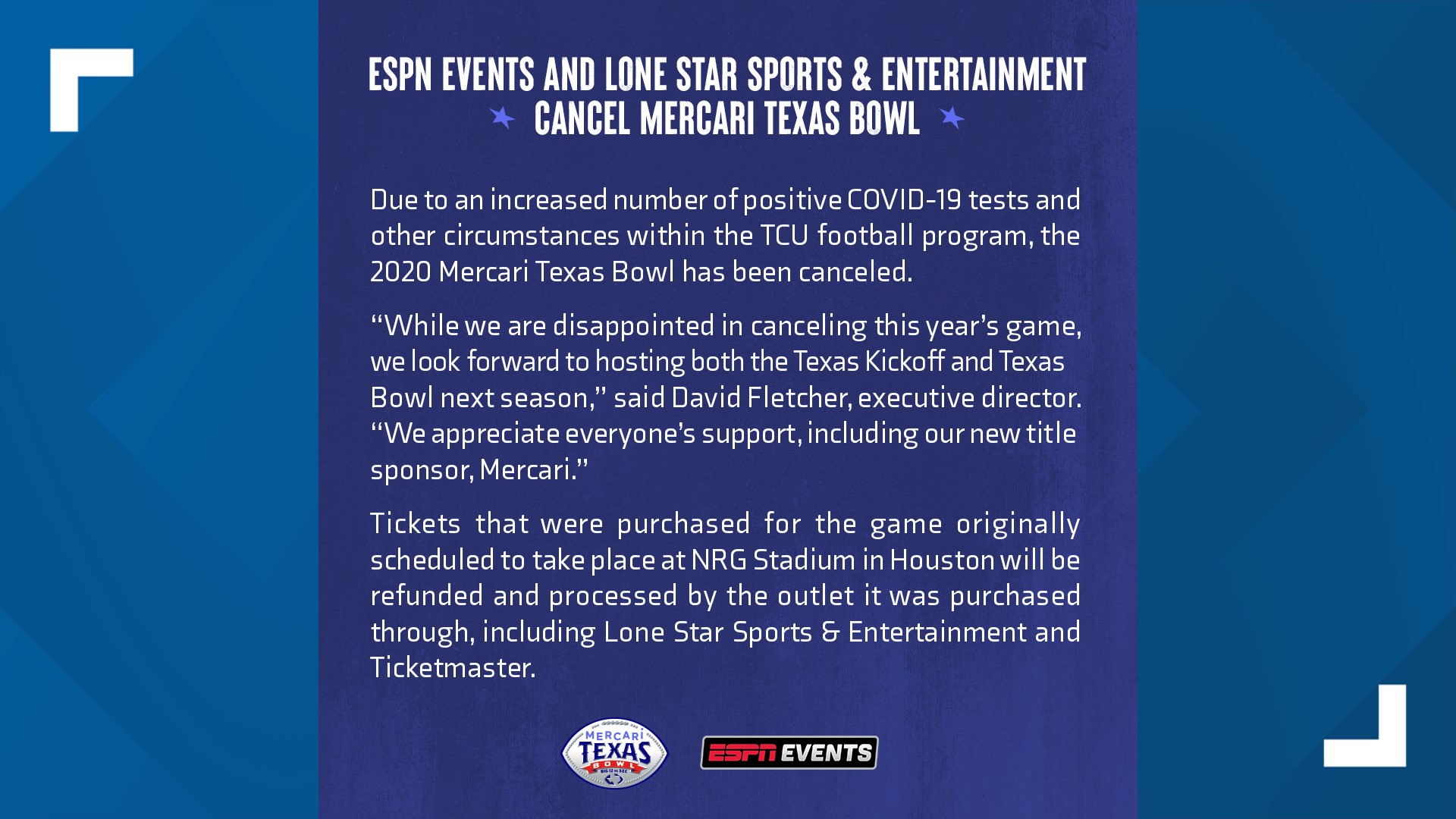 Mercari Texas Bowl cancelled, tickets to be refunded