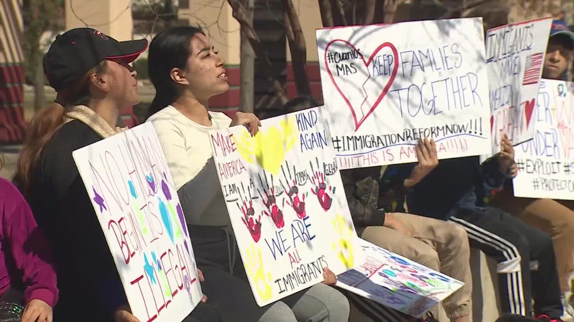 Community groups and immigrant families marched Monday from Plaza Guadalupe to Houston City Hall.