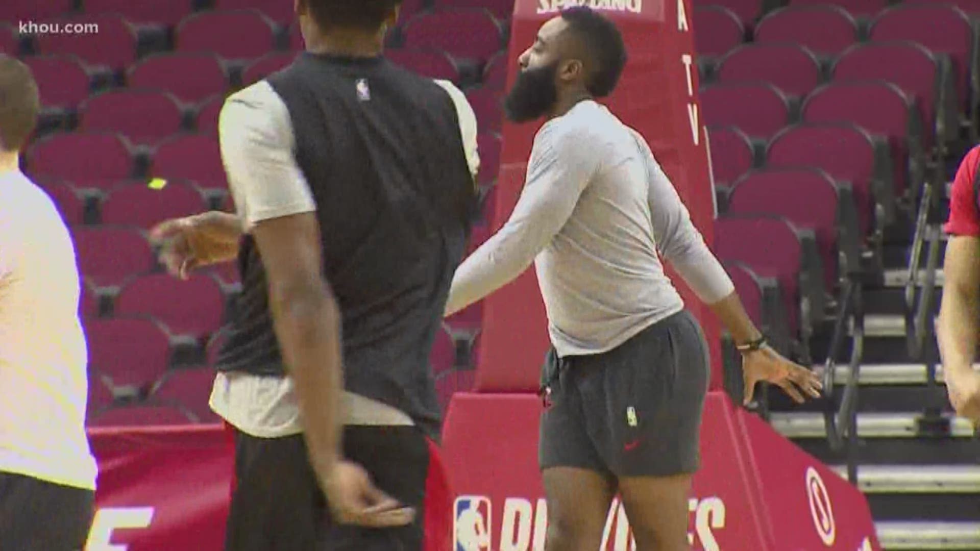 Houston Rockets guard James Harden was back at practice Thursday after suffering an eye injury in Game 2 of the Western Conference semifinals against the Golden State Warriors.