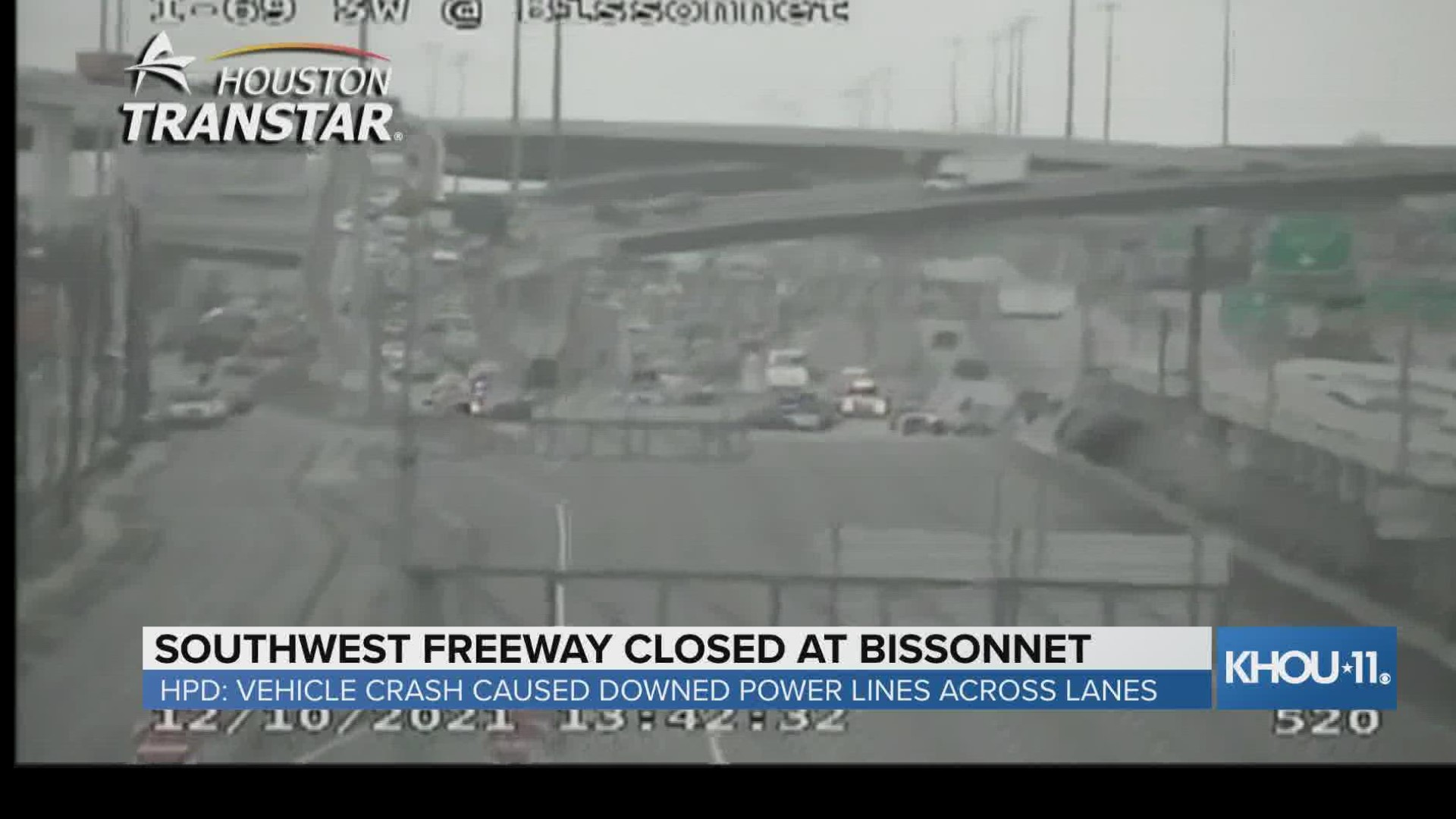 Houston police say downed power lines led to the Southwest Freeway being shut down in both directions Friday at Bissnonnet.