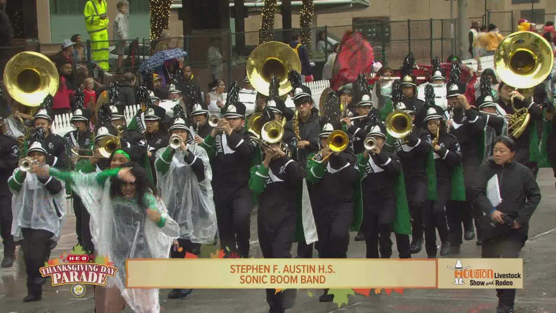 Stephen F. Austin HS Sonic Boom Band performed during the H-E-B Thanksgiving Day Parade Thursday morning in downtown Houston.