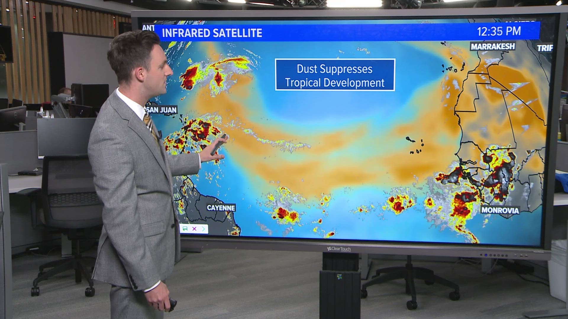 Saharan dust originates from the Sahara Desert in North Africa. As the dust moves across the Atlantic, it lowers the humidity over the water, stunting cloud growth.