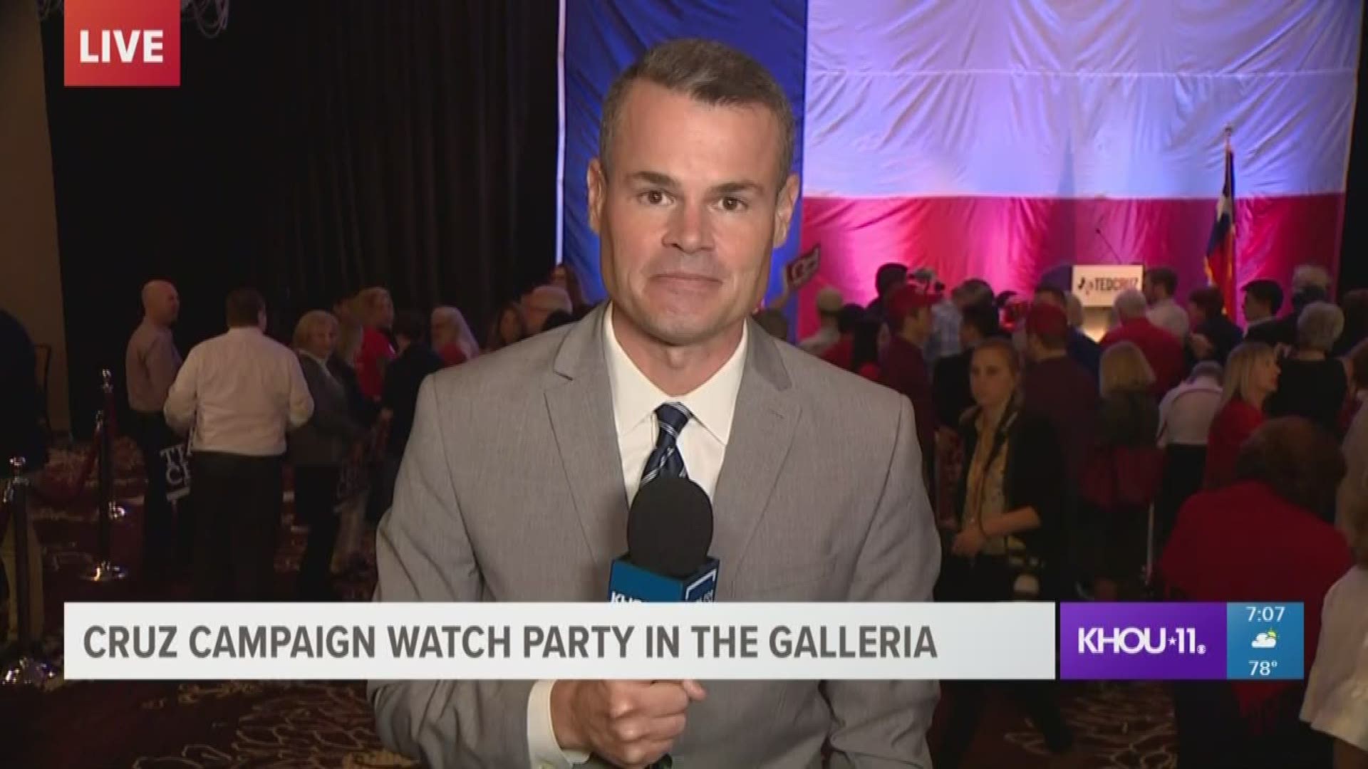 Many supporters attended the Cruz campaign watch party in the Galleria Tuesday night as they await election results.