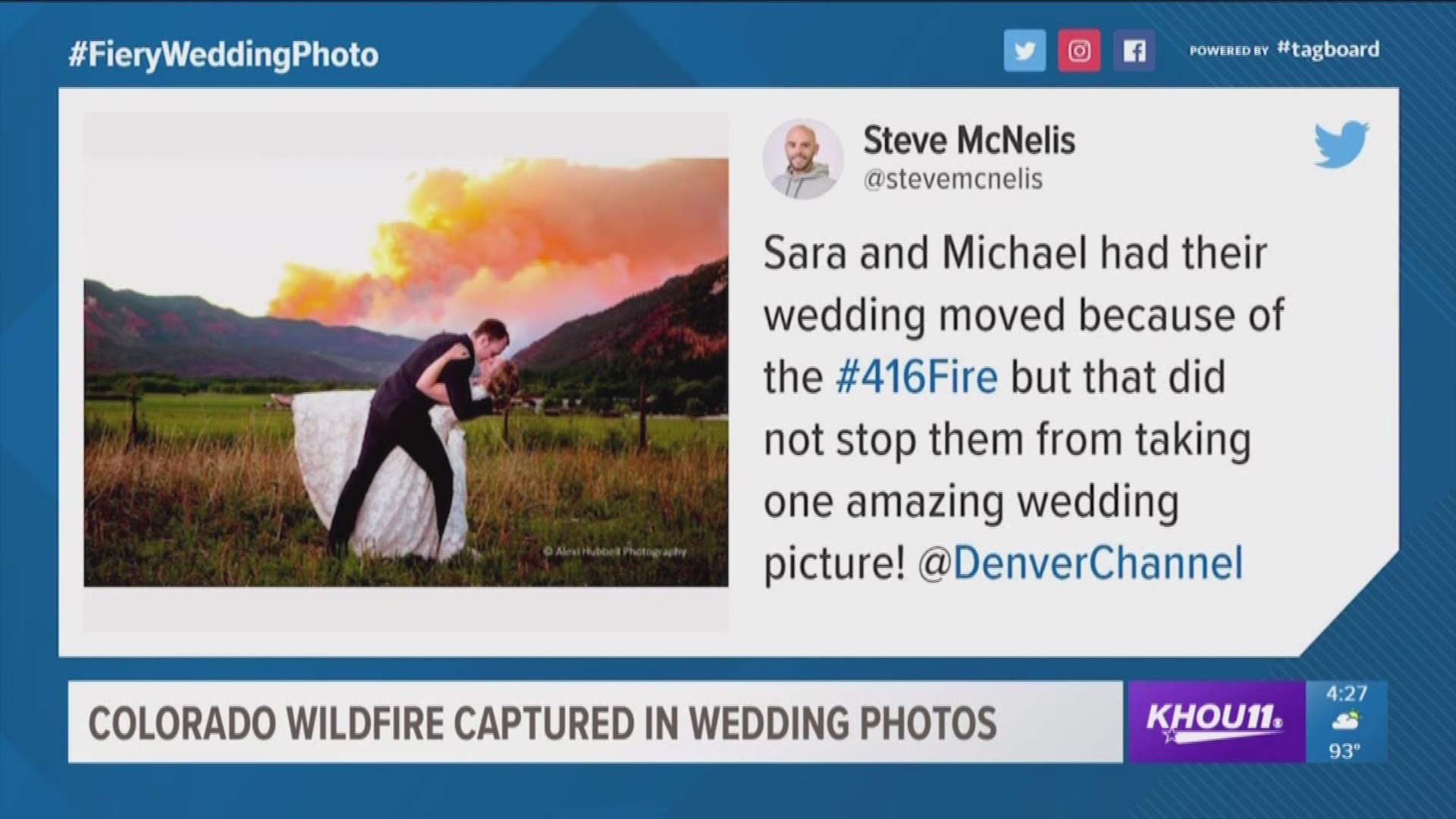 A Colorado couple makes a last-minute change to their wedding plans because of the growing wildfire in Colorado, but before they switched venues they took wedding photos with the fire in the background. 