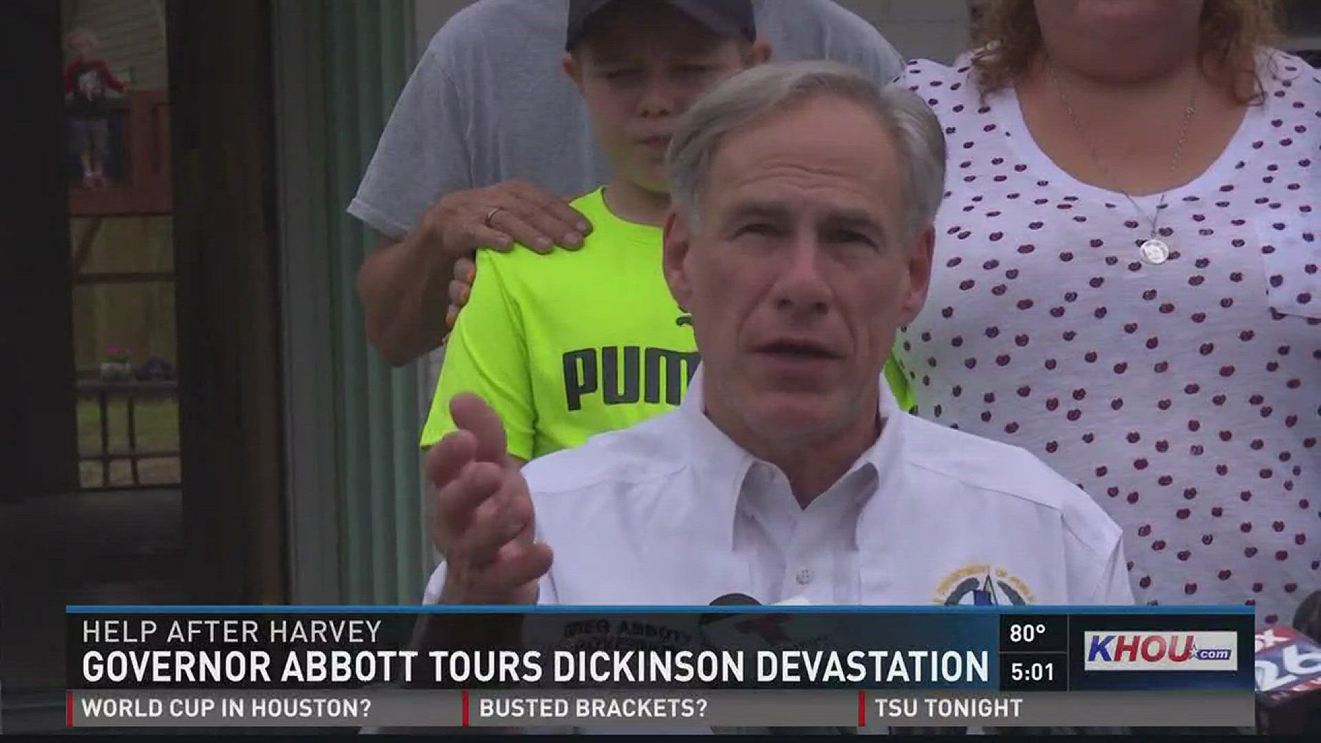 Governor Greg Abbott toured Dickinson on Friday as construction continues on homes that were destroyed during Hurricane Harvey.