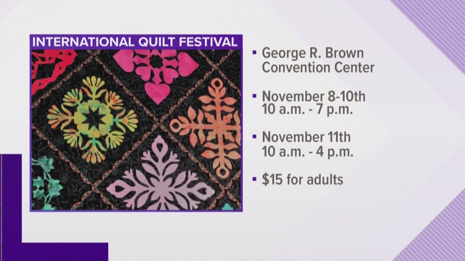 KHOU 11 Meteorologist Blake Mathews is live at the International Quilt Festival that kicked off Thursday at the GRB Convention Center.